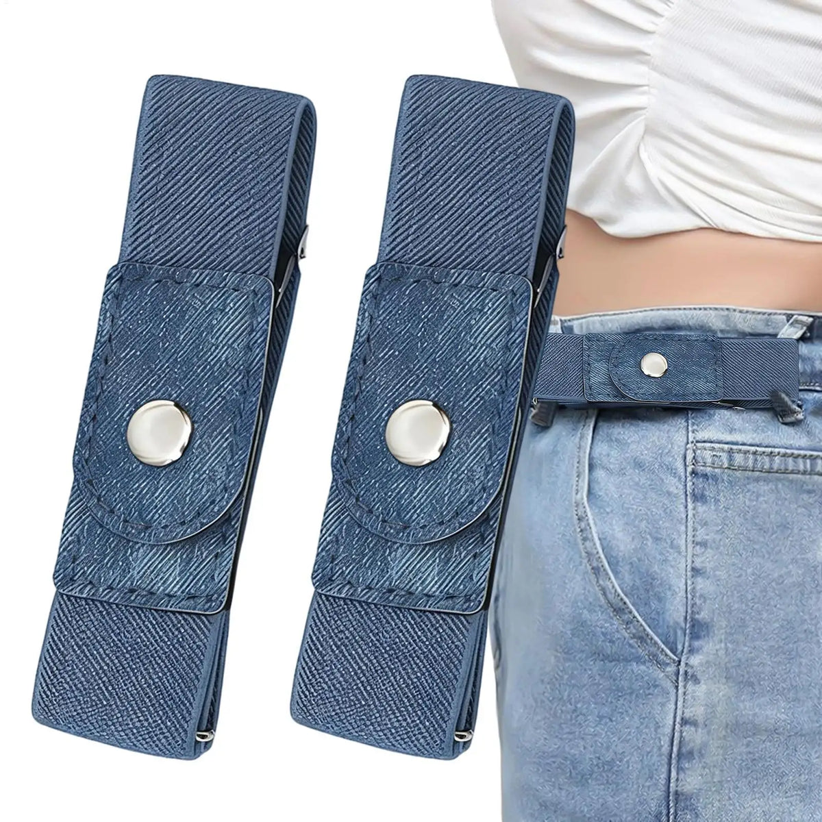 A pair of navy blue denim fabric wrist straps are shown next to a light blue denim skirt.