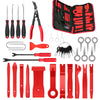 A collection of red and black car trim removal tools, including pliers, cutters, and various specialized tools, stored in a p