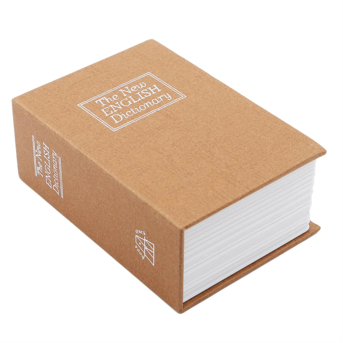 Una caja marrón que contiene el libro Diccionario Inglés Nuevo con un título grabado en la tapa.