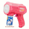 A pink astronaut bubble gun toy with a visible bubble liquid container.