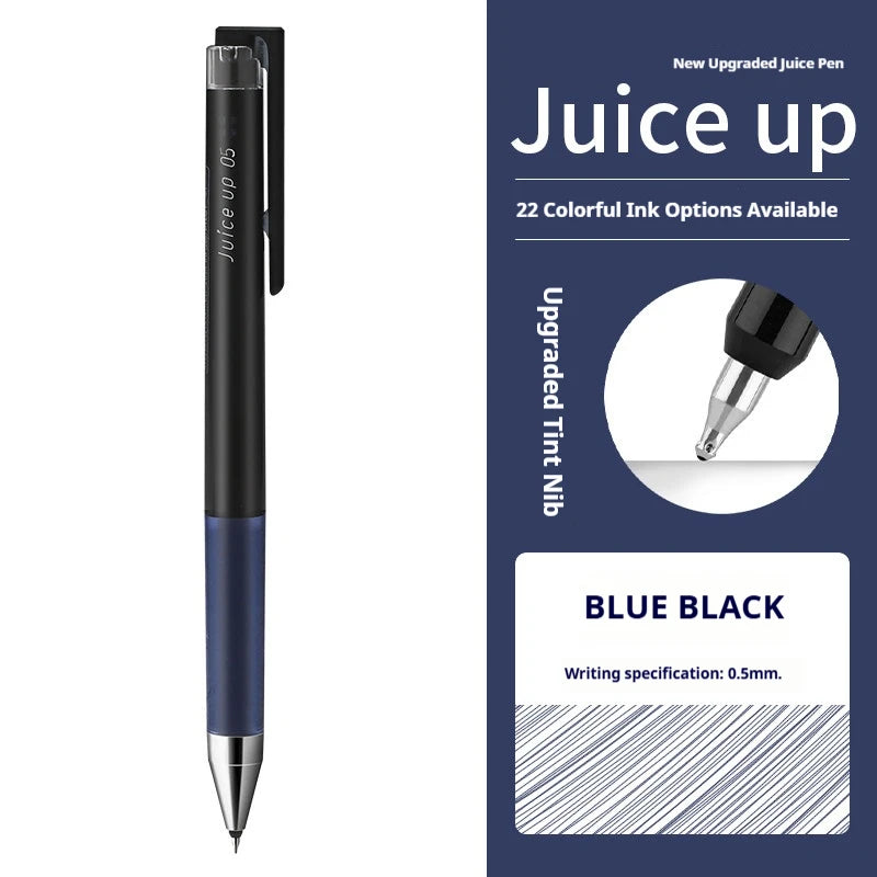 Ein schwarzer und blauer Pilot Juice Up Gelstift neben Text, der 22 bunte Tintenoptionen beschreibt.