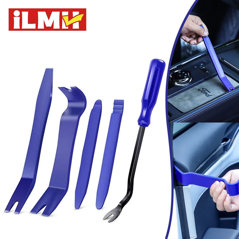 A set of blue car trim removal tools for interior panel and dashboard disassembly.