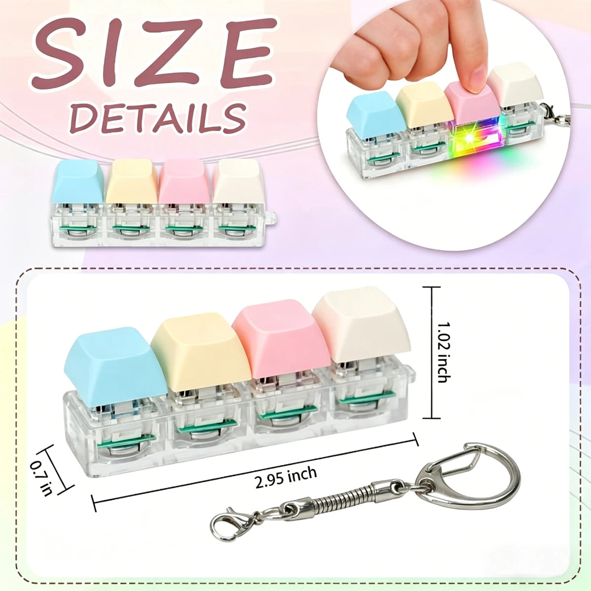 A set of colorful LED macaron keyboard fidget toys packaged with a keychain clip.