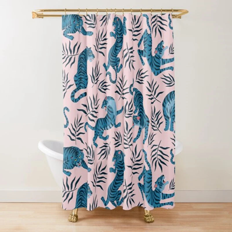 A pink shower curtain featuring a pattern of blue and teal leopards in various poses.