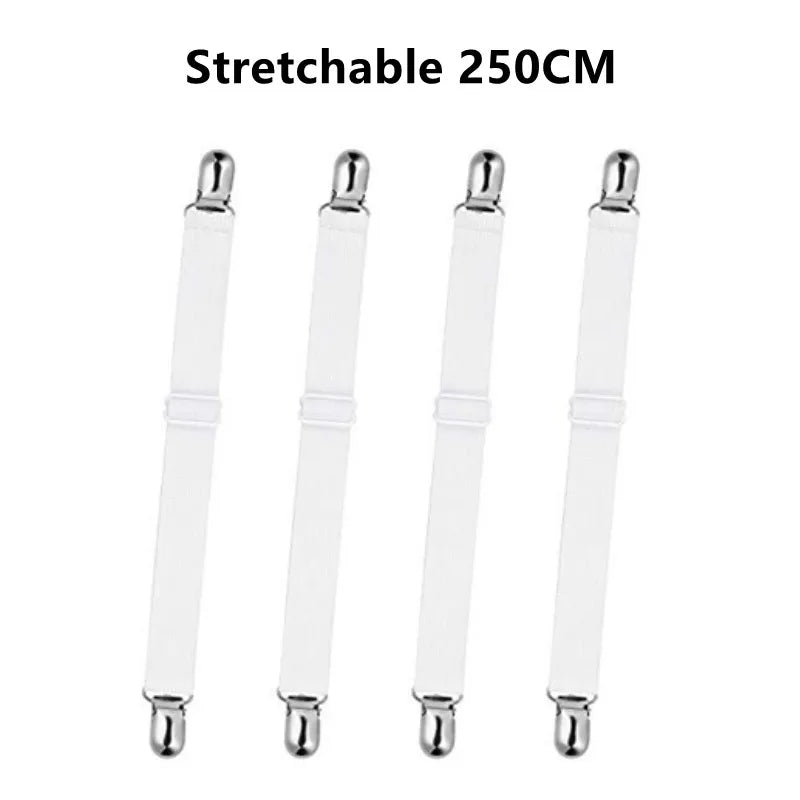 Set of four stretchable clear plastic corner straps for bed sheets