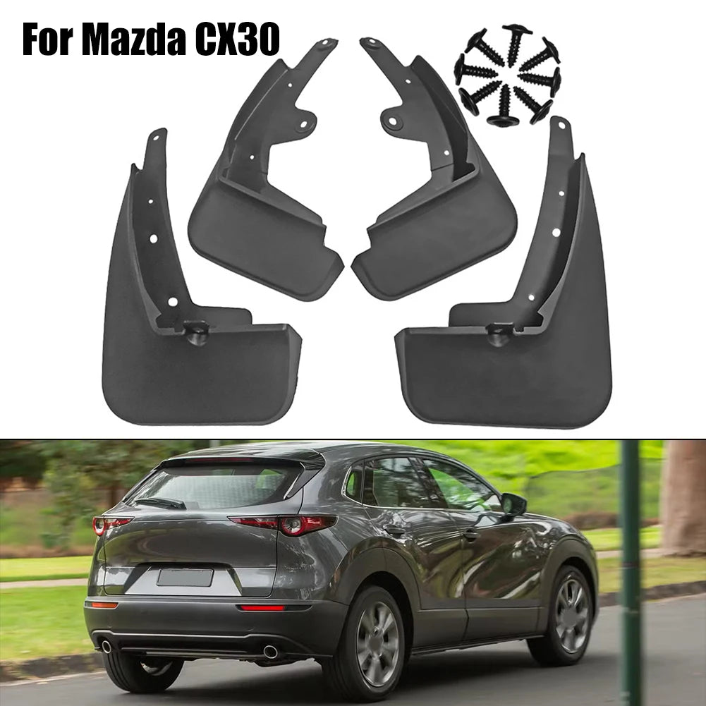 Set of black mud flaps for a Mazda CX30 vehicle, showing front and rear splash guards.