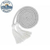 White graduation honor cords with double fringe tassels coiled on a spool