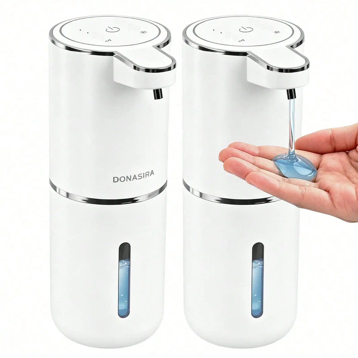 A white touchless automatic soap dispenser with a pump mechanism and a USB-C rechargeable battery is shown next to a hand.