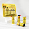 A yellow package of Hunters FLY disposable sticky fly traps with multiple tubes and a rolled trap.