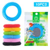 A set of ten colorful silicone bracelets for mosquito repellent, including blue, red, yellow, green, and pink.
