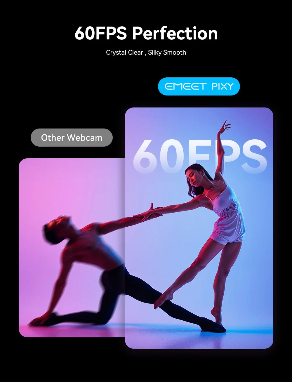 A promotional image for a 60FPS webcam featuring a woman performing a yoga pose against a purple background.
