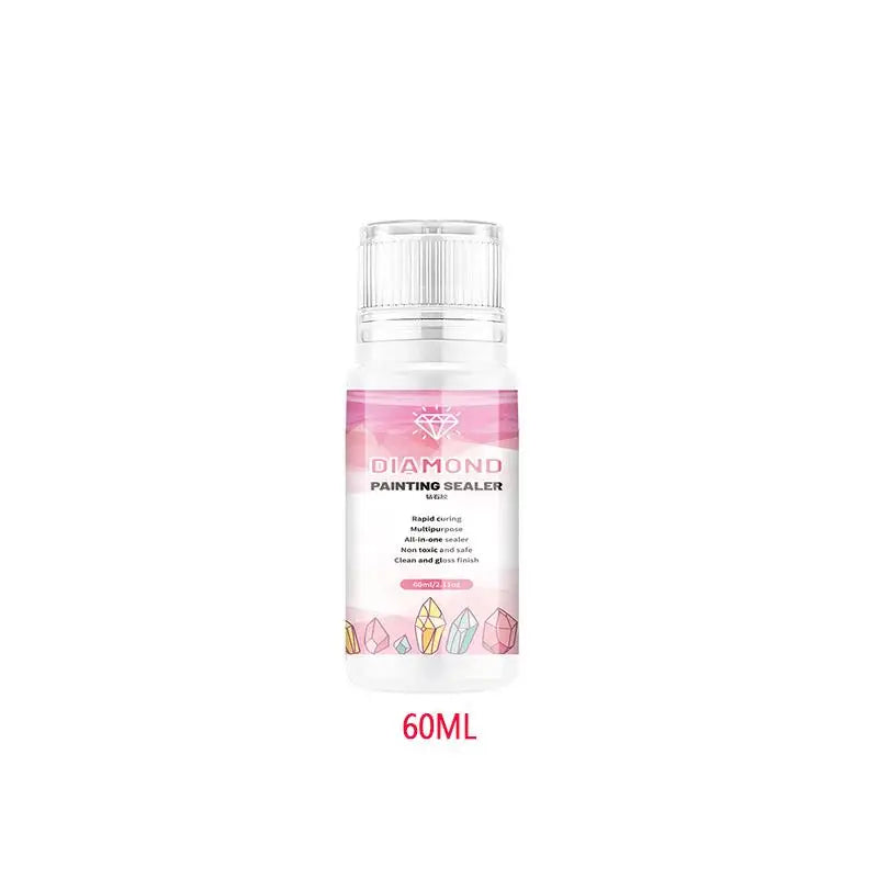 A bottle of Diamond Painting Sealer with a clear cap and a pink liquid, labeled 60ML.