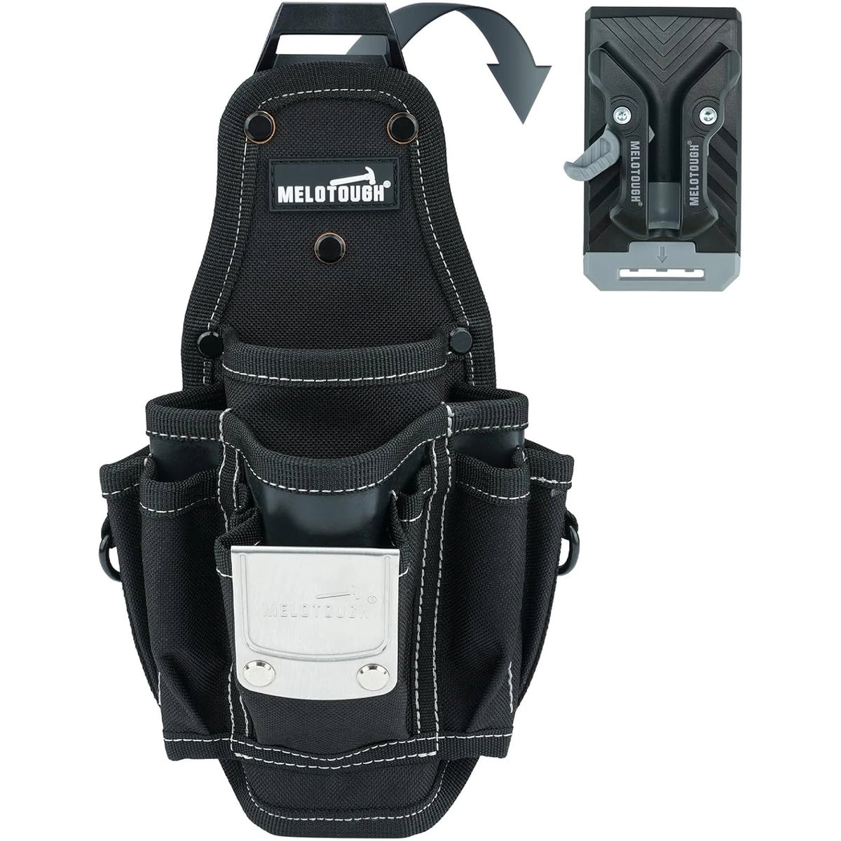 Black heavy-duty tool pouch with a quick-release belt clip and a separate MELOTOUGH tool.