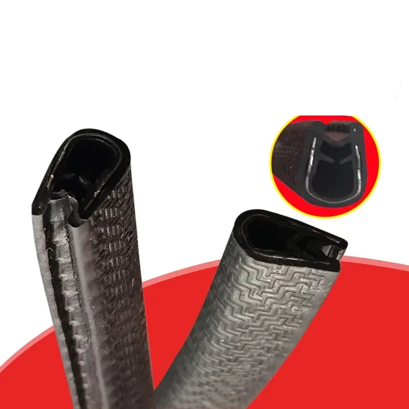 Close-up view of a black U-shaped rubber edge trim with a metal core for vehicle doors.