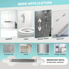 A smooth metal non-slip suction grab bar shown in various applications including a bathtub, toilet, shower room, and staircas
