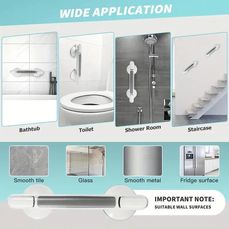 A smooth metal non-slip suction grab bar shown in various applications including a bathtub, toilet, shower room, and staircas