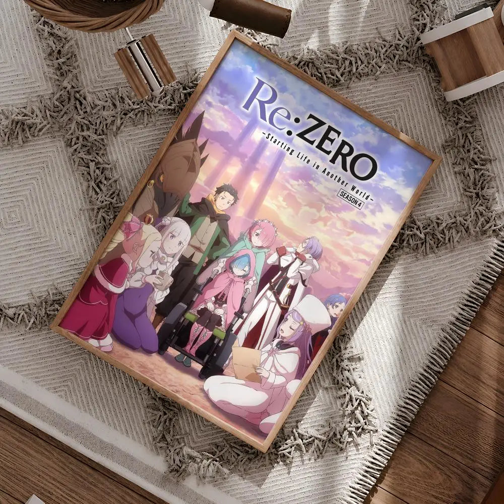 A framed poster of the anime Re:Zero featuring characters in a fantasy setting displayed on a textured rug.
