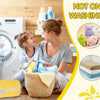A woman and a child are using a reusable mesh laundry bag for shoes in a washing machine setting.