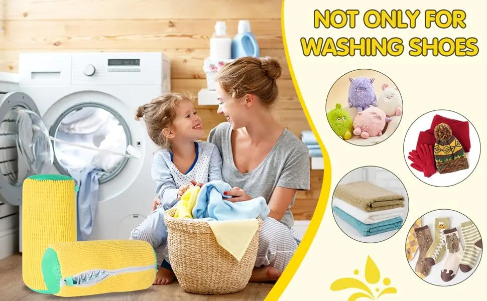 A woman and a child are using a reusable mesh laundry bag for shoes in a washing machine setting.