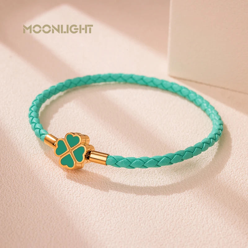 Four-Leaf Clover Braided Leather Bracelet