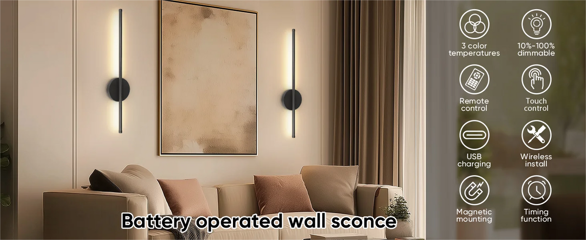 Battery operated wall sconce with remote control and dimmable lighting mounted on a wall.