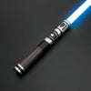 A blue lightsaber with a silver hilt and glowing blade is shown against a dark background.