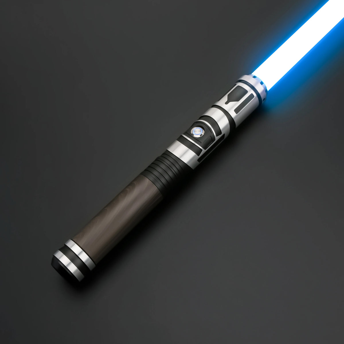 A blue lightsaber with a silver hilt and glowing blade is shown against a dark background.