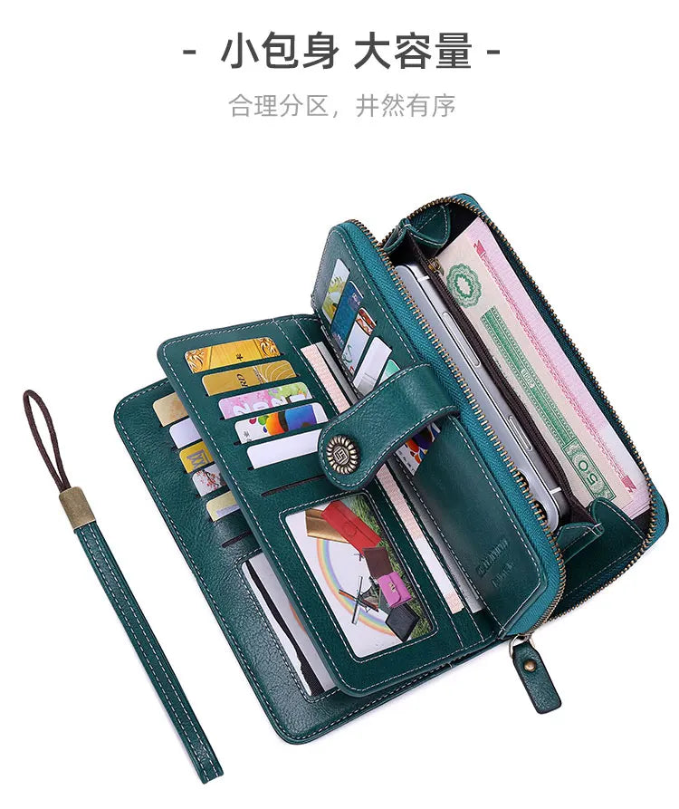 Vintage RFID-Blocking Large Capacity Wallet with Wrist Strap