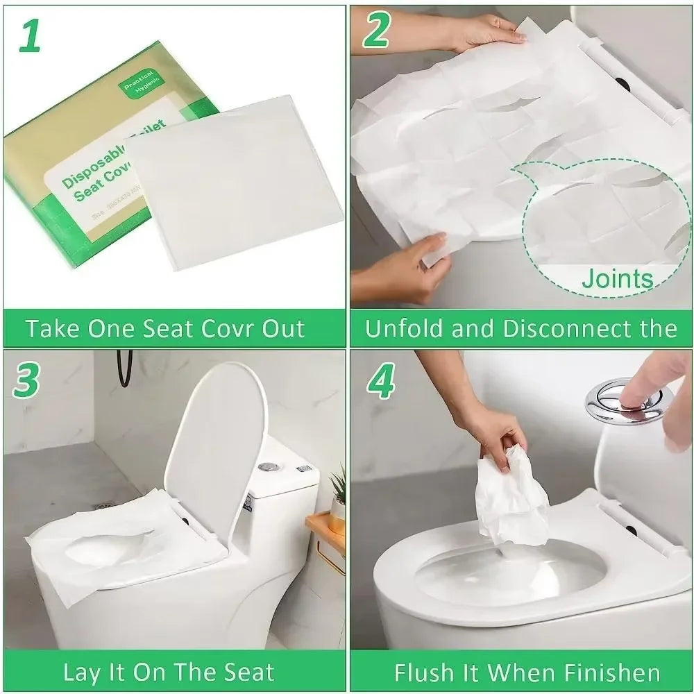 Instructions for removing, unfolding, and flushing a portable disposable toilet seat cover.