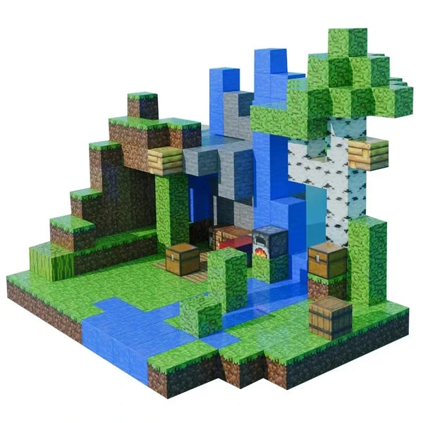 Un ensemble de blocs magnétiques représentant un paysage de jungle ou de mine avec des éléments verts, bleus et bruns.