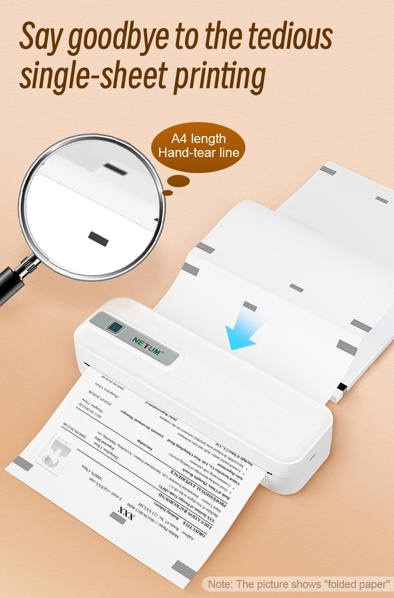 A close-up of an A4 thermal paper sheet being printed using a handheld line printer.