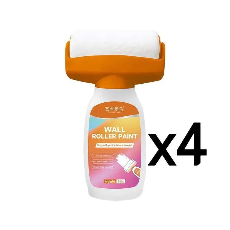 An orange wall roller paint tool with a white foam roller head and a white bottle is shown.