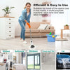 A woman is using a 9-in-1 electric cleaning brush for various household tasks like kitchen, bathroom, windows, grout, tile, a