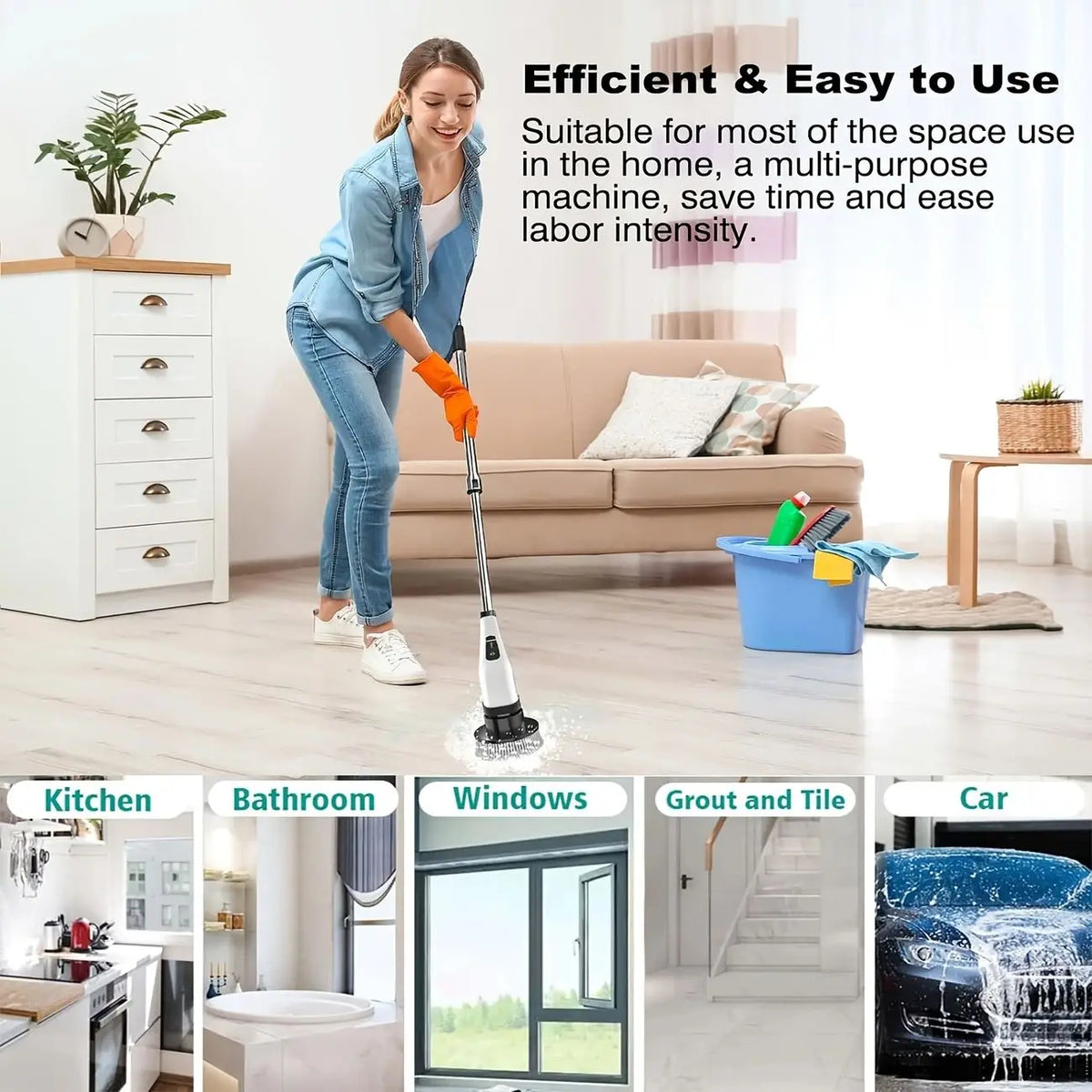 A woman is using a 9-in-1 electric cleaning brush for various household tasks like kitchen, bathroom, windows, grout, tile, a