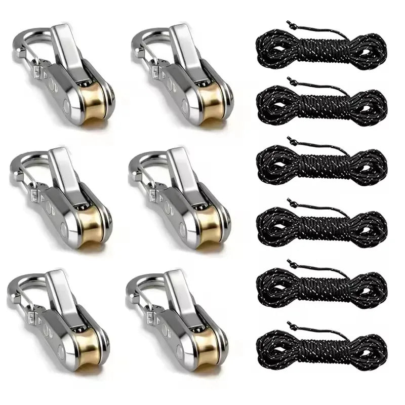 Set of aluminum alloy tent rope tensioners with reflective cord and black braided ropes