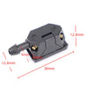 A black 4-way adjustable car windshield washer nozzle assembly with various dimension lines.