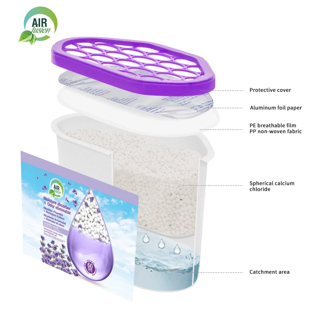 A set of reusable moisture absorber boxes showing a purple protective cover and a catchment area filled with spherical calciu