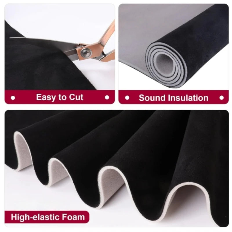 Black suede car headliner fabric with elastic foam backing shown for easy cutting and sound insulation