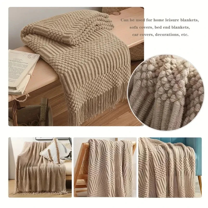Khaki Knitted Throw Blanket with Tassels