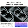 Comparison of a car cup holder before and after installation showing an interior upgrade with a camellia pattern