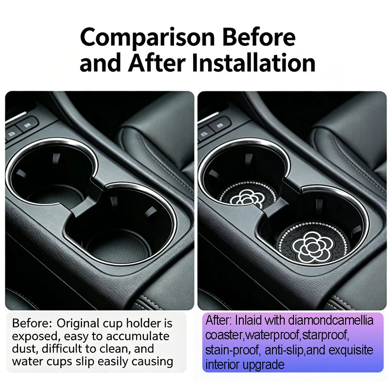 Comparison of a car cup holder before and after installation showing an interior upgrade with a camellia pattern