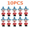Ten small plush toys of a smiling clown face in blue and white.