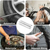 A heavy-duty tire iron with a dual-end design is shown being used on automotive, bicycle, motorcycle, and mountain biking tir