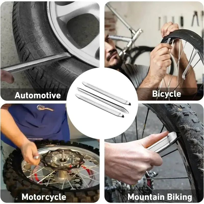 A heavy-duty tire iron with a dual-end design is shown being used on automotive, bicycle, motorcycle, and mountain biking tir