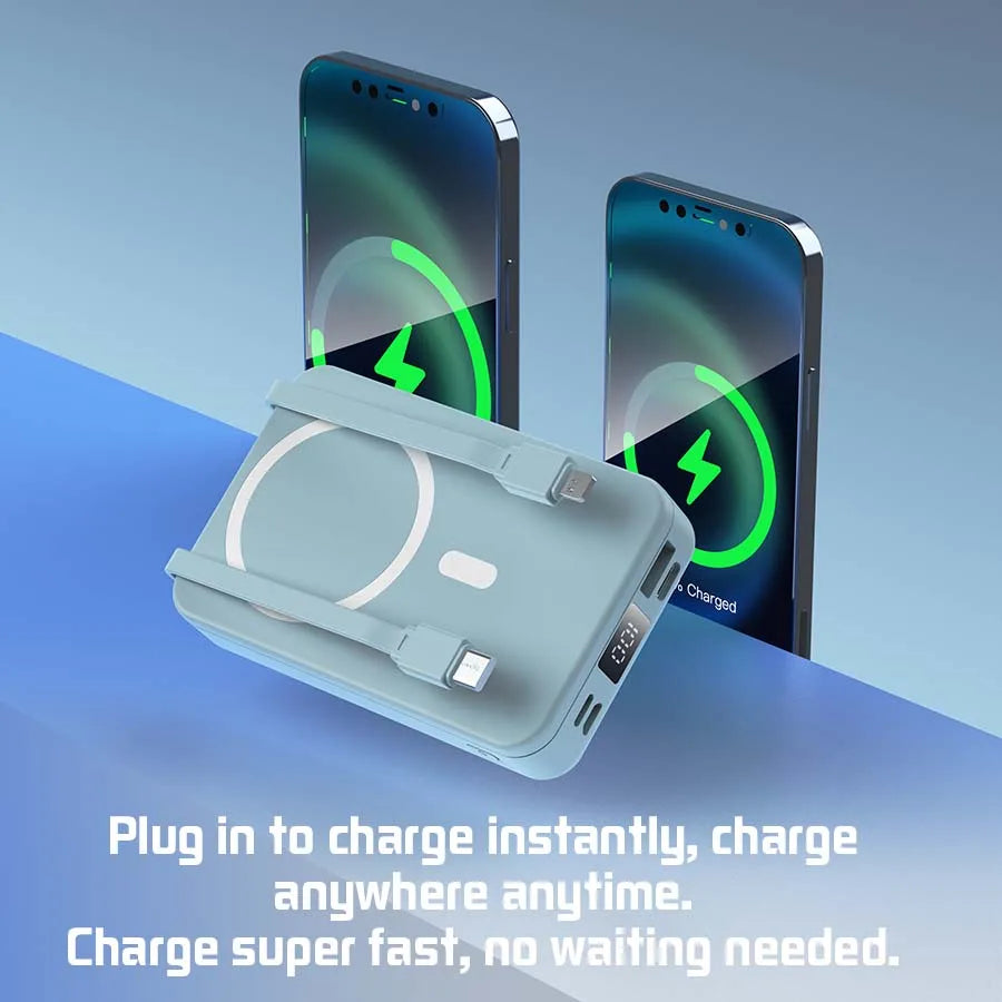 Helles blaues tragbares magnetisches drahtloses Powerbank mit Ladekabel, neben zwei Smartphones.