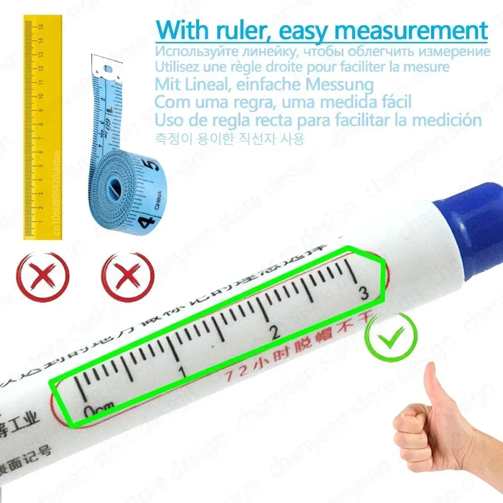 Präzises wasserdichtes Markierstift-Set mit Lineal und Messlinie auf weißer Fläche.