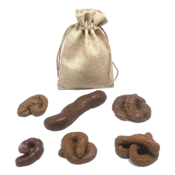 A set of ultra-realistic fake dog poop prank items, including a bag and several molded pieces.