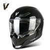 A black full-face motorcycle helmet with a clear visor and ventilation features is shown from the front.