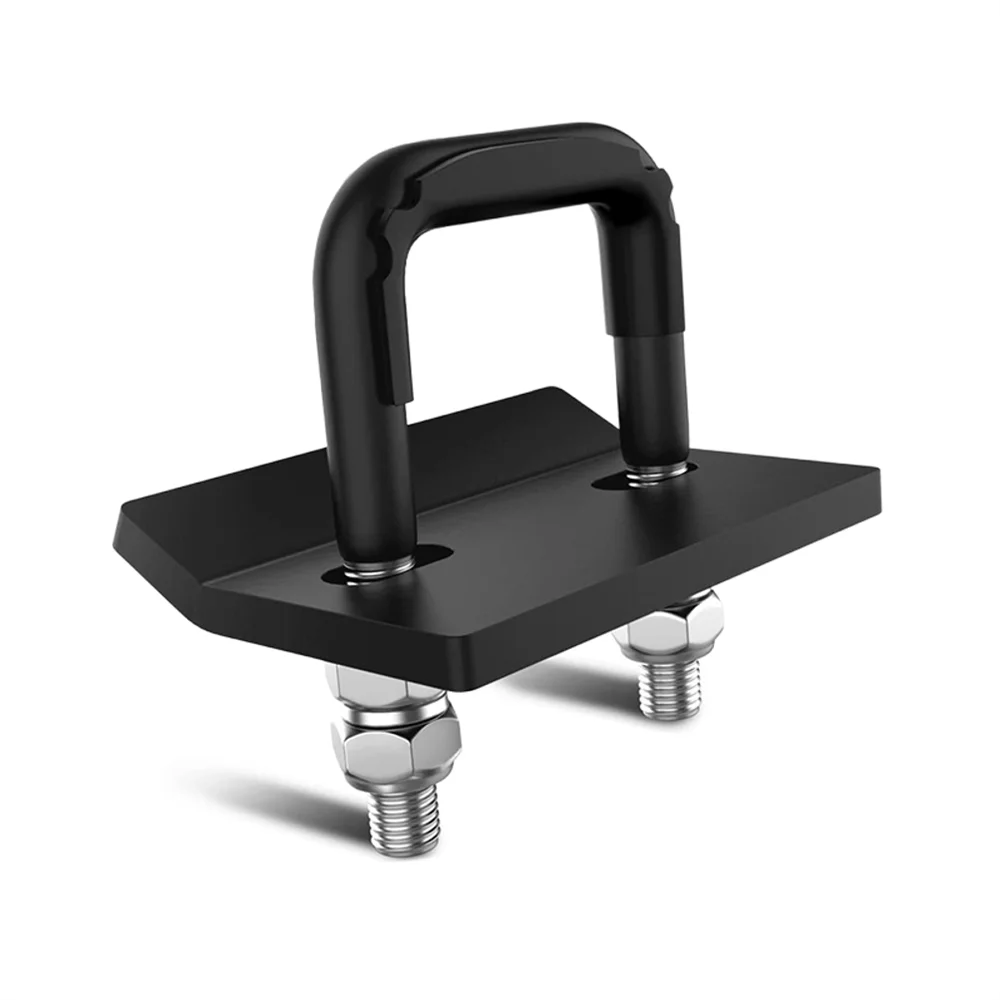 Black heavy duty anti-rattle hitch tightener clamp with a curved handle and mounting plate