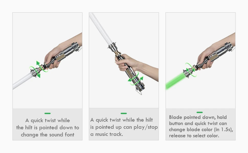 Hand holding a lightsaber with an app control feature and blade color changing mechanism.